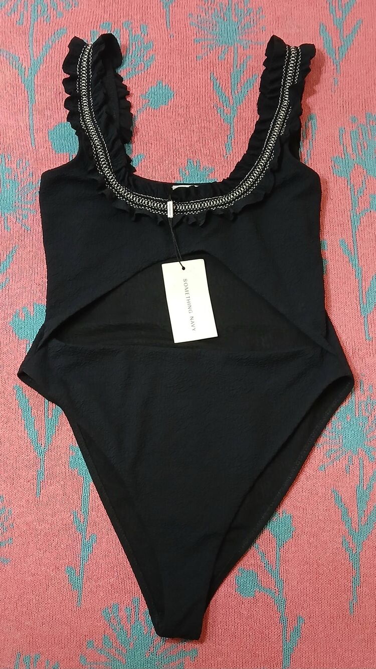 Something Navy Womens small black bathing suit textured cut out front swimsuit